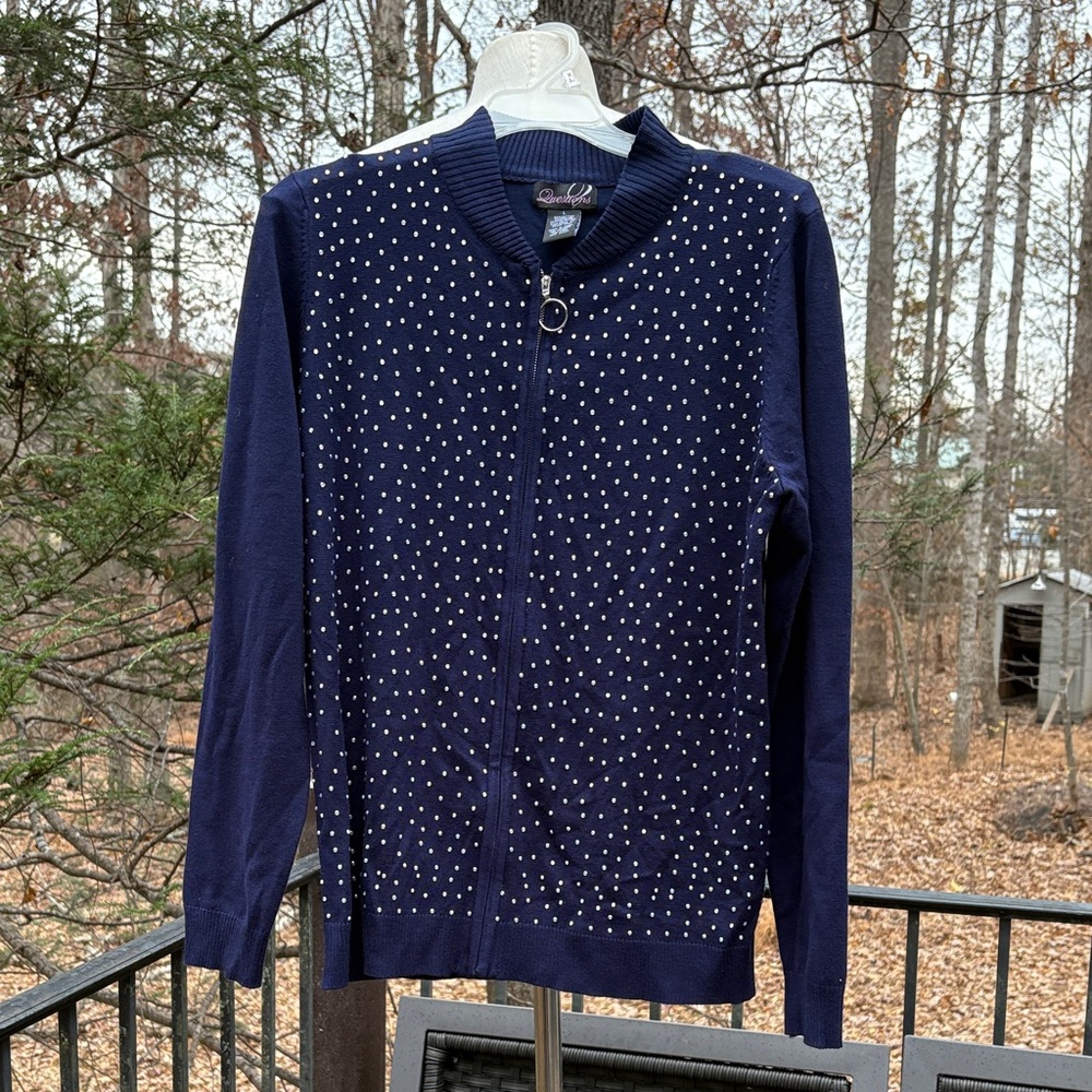 Questions Navy Blue Sweater with opal colored rhinestones, zippered sz L